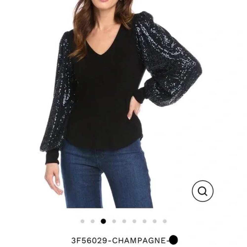 Fifteen Twenty Sequin Sleeve Rib Knit Top Women L Black V-Neck Blouse‎ 3F56029